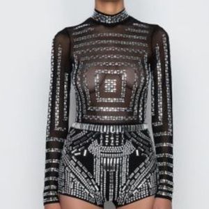 Akira HYPNOTIC RHINESTONE LONG SLEEVE MESH BODYSUIT BLACK SMALL. Worn once